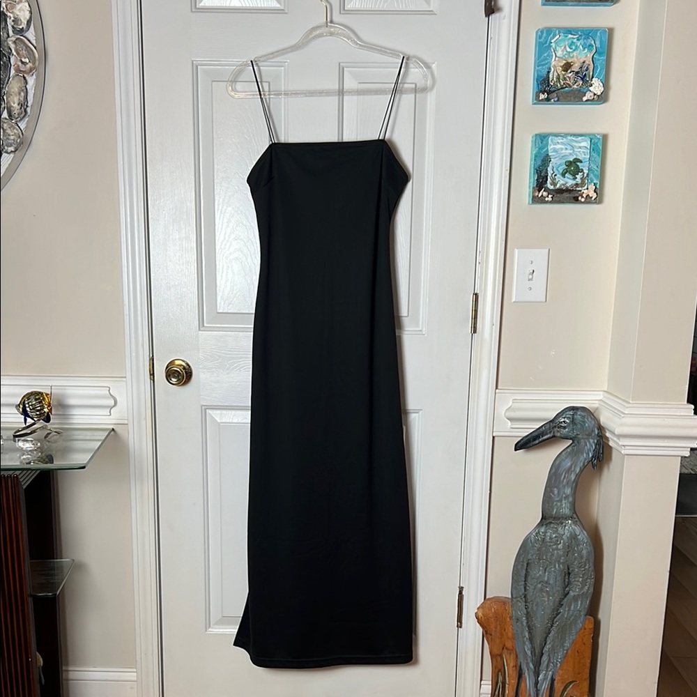 Black sleeveless spaghetti strap maxi dress for cocktail and night out